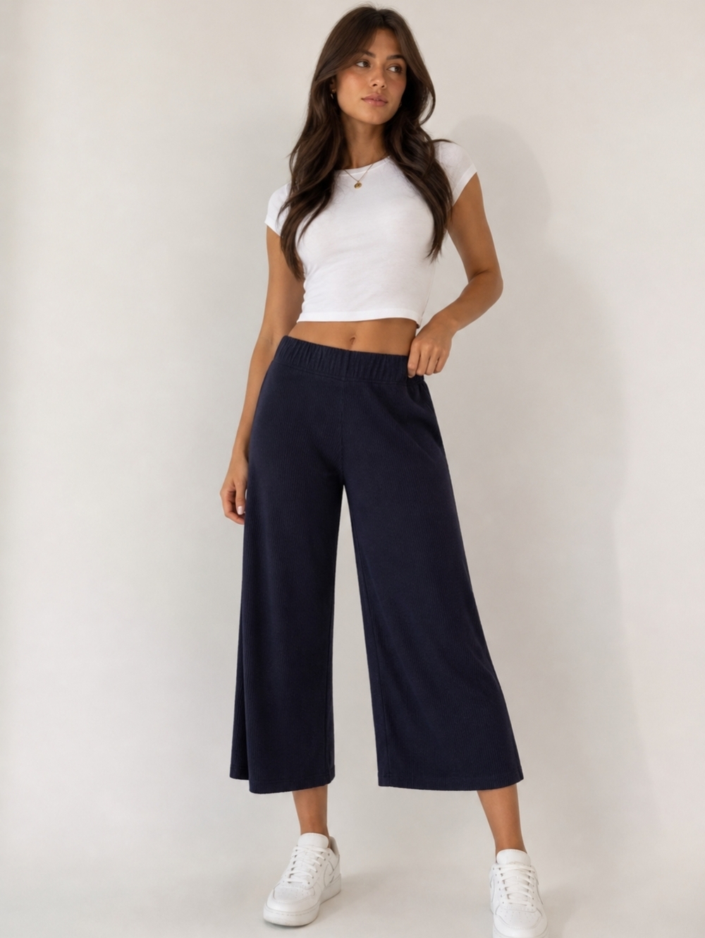 And Now This, Wide Leg Knit Cropped Pants in Navy Blue, Size Small